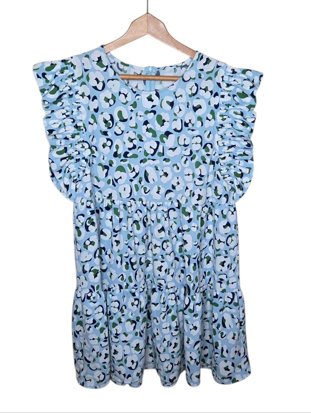 Michelle McDowell Blue Green White Leopard Ruffle Sleeve Dress